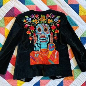 Oaxacan Calavera Skull Embroidered Paisley Black Velvet Blazer